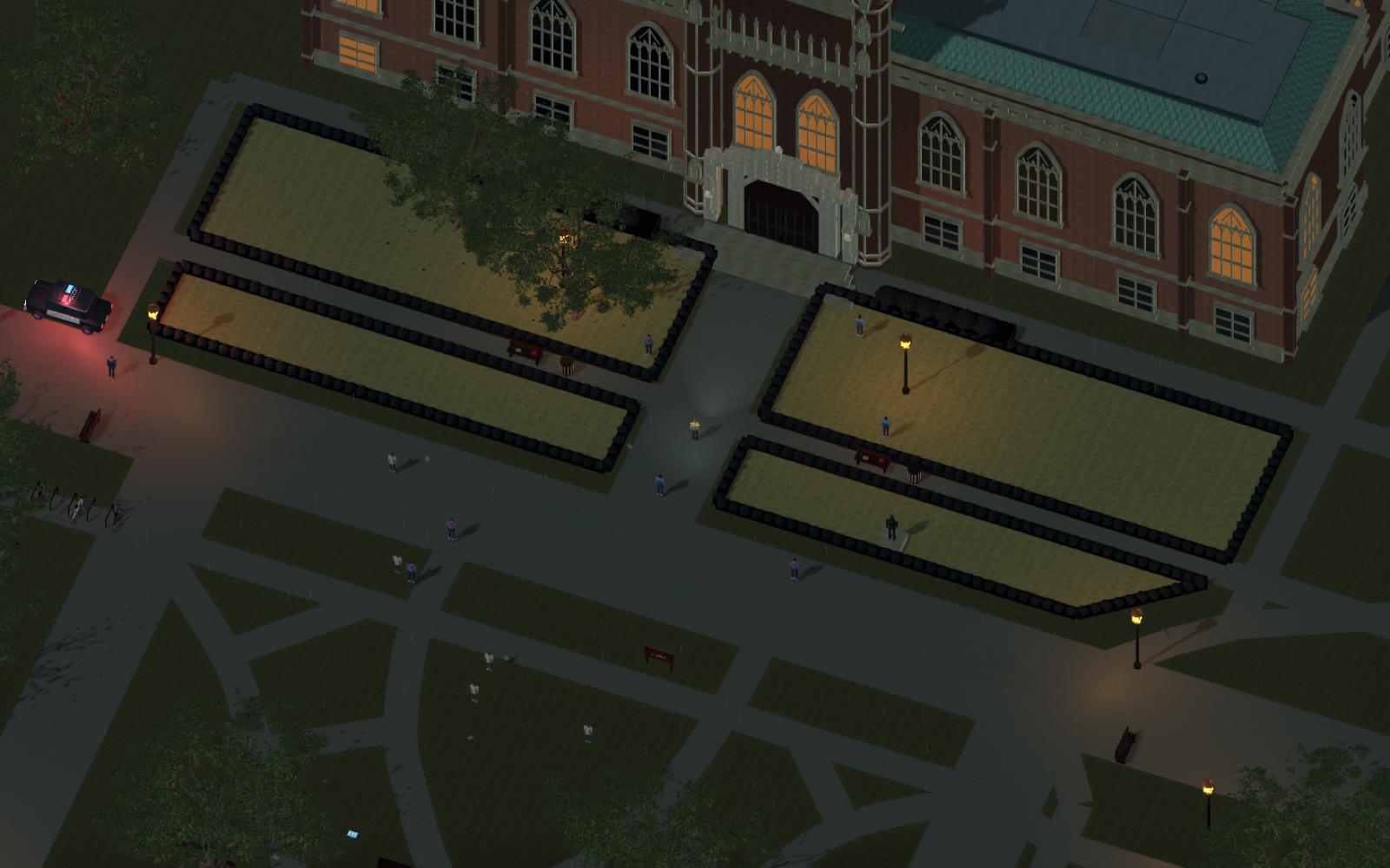 In-game development capture · stylized OU campus