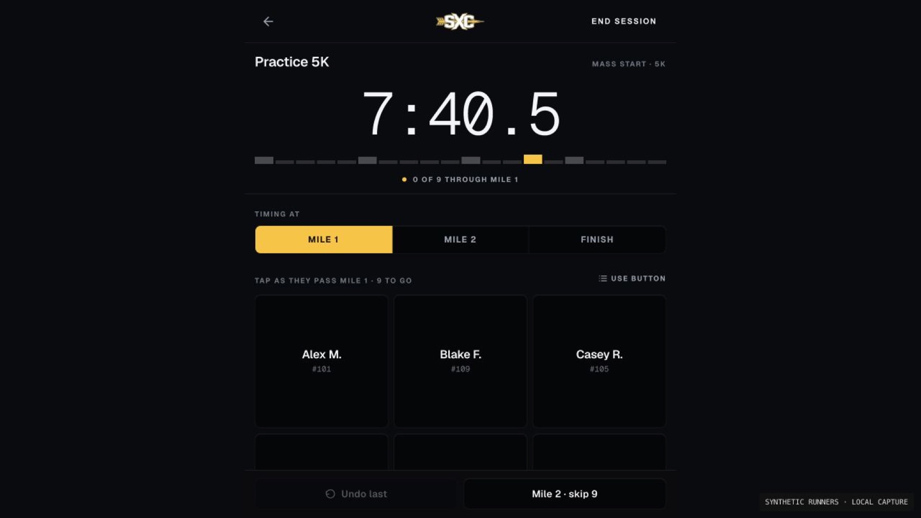 Original timing interface rendered locally · fictional runners