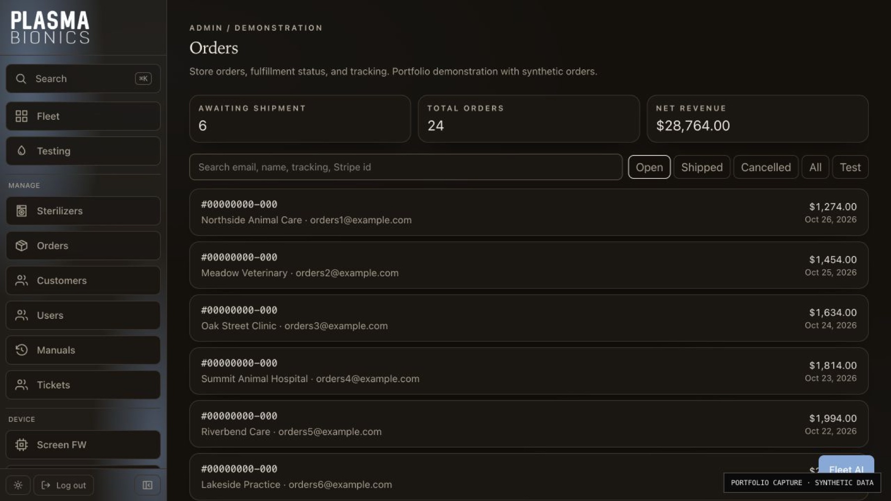 Companion V20 order console · synthetic orders; separate from the earlier shipping script
